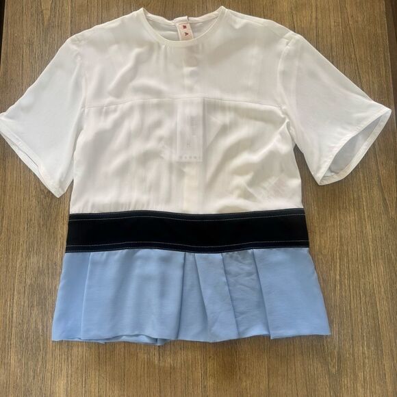 MARNI Peplum Blouse Size 4 Silk Blend Short Sleeve Color Block Semisheer - Picture 3 of 14